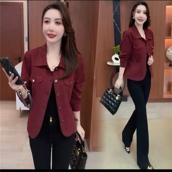 Moteriškas medvilninis švarkas su apykakle, ilgomis rankovėmis, vidutinio ilgio, 2025 ruduo, kasdienio įvaizdžio stilius