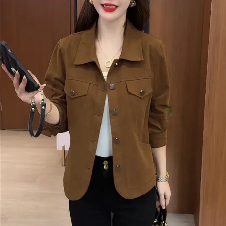 Moteriškas medvilninis švarkas su apykakle, ilgomis rankovėmis, vidutinio ilgio, 2025 ruduo, kasdienio įvaizdžio stilius