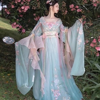 Hanfu haljina s lotosovim vezom, Wei-Jin stil, dva dijela do struka, dekolte koji otkriva ramena, široki rukavi, šifon/poliester materijal