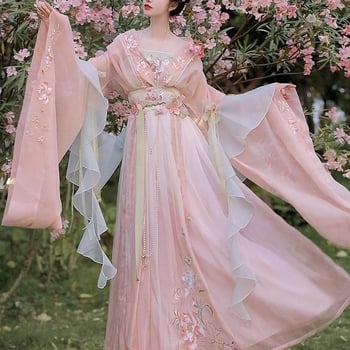 Hanfu haljina s lotosovim vezom, Wei-Jin stil, dva dijela do struka, dekolte koji otkriva ramena, široki rukavi, šifon/poliester materijal