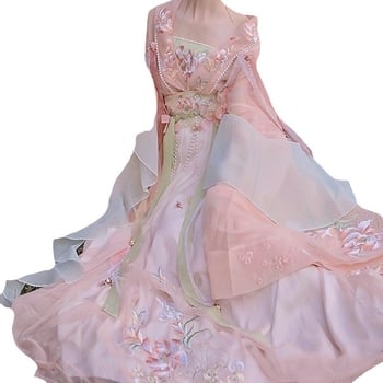 Hanfu haljina s lotosovim vezom, Wei-Jin stil, dva dijela do struka, dekolte koji otkriva ramena, široki rukavi, šifon/poliester materijal