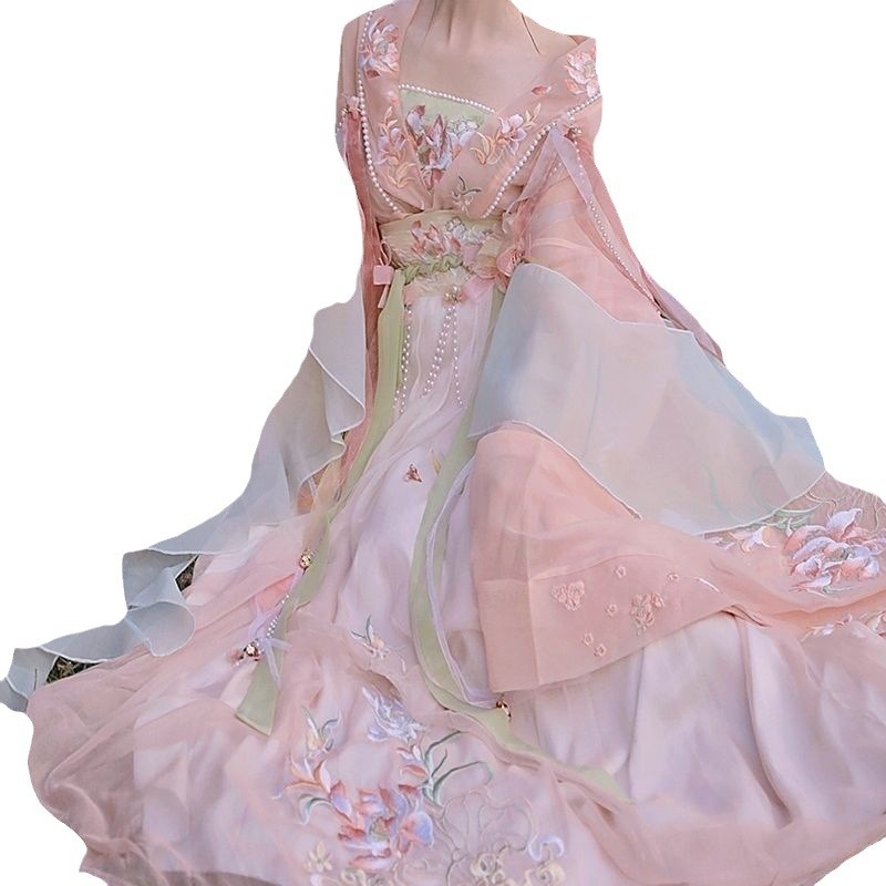 Hanfu haljina s lotosovim vezom, Wei-Jin stil, dva dijela do struka, dekolte koji otkriva ramena, široki rukavi, šifon/poliester materijal