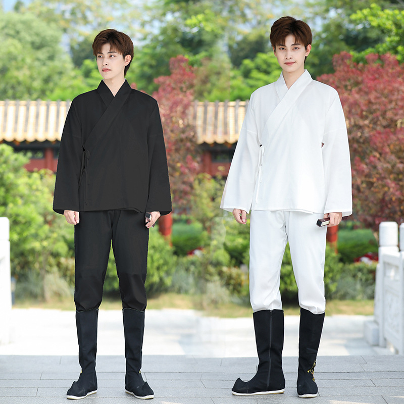 Hanfu set donjeg sloja: gornji dio i tajice, unisex, crna unutarnja majica, nije drevni kostim, glavni materijal: kozja koža, naziv tkanine: žičano platno, ljeto 2023