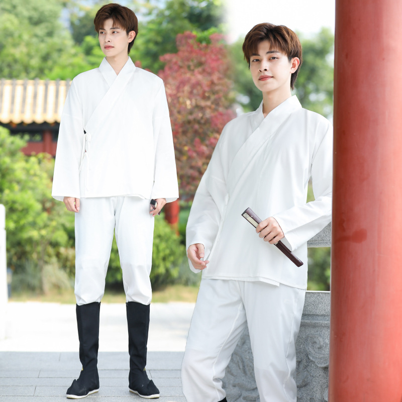 Hanfu set donjeg sloja: gornji dio i tajice, unisex, crna unutarnja majica, nije drevni kostim, glavni materijal: kozja koža, naziv tkanine: žičano platno, ljeto 2023