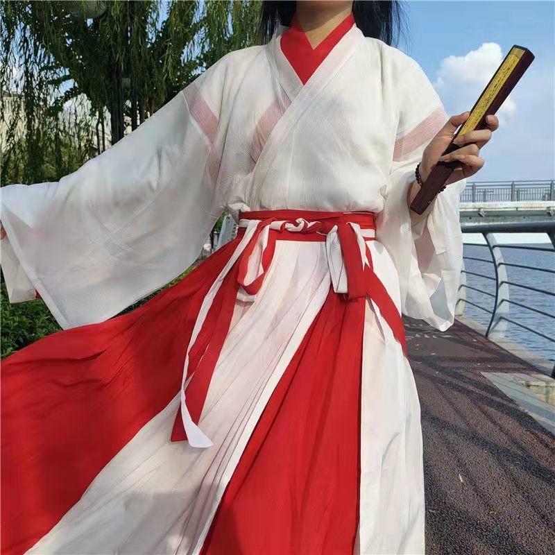 Hanfu haljina za žene, u stilu Wei Jin, haljina od jednog komada do struka, poliester 90–95%, tisak i bojanje