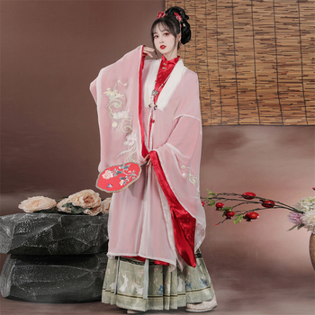 Ženski hanfu komad - Ming stil, haljina s kružnim izrezom i širokim rukavima, otisak, poliester s šifona podstavom, pogodno za sve sezone