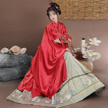 Ženski hanfu komad - Ming stil, haljina s kružnim izrezom i širokim rukavima, otisak, poliester s šifona podstavom, pogodno za sve sezone