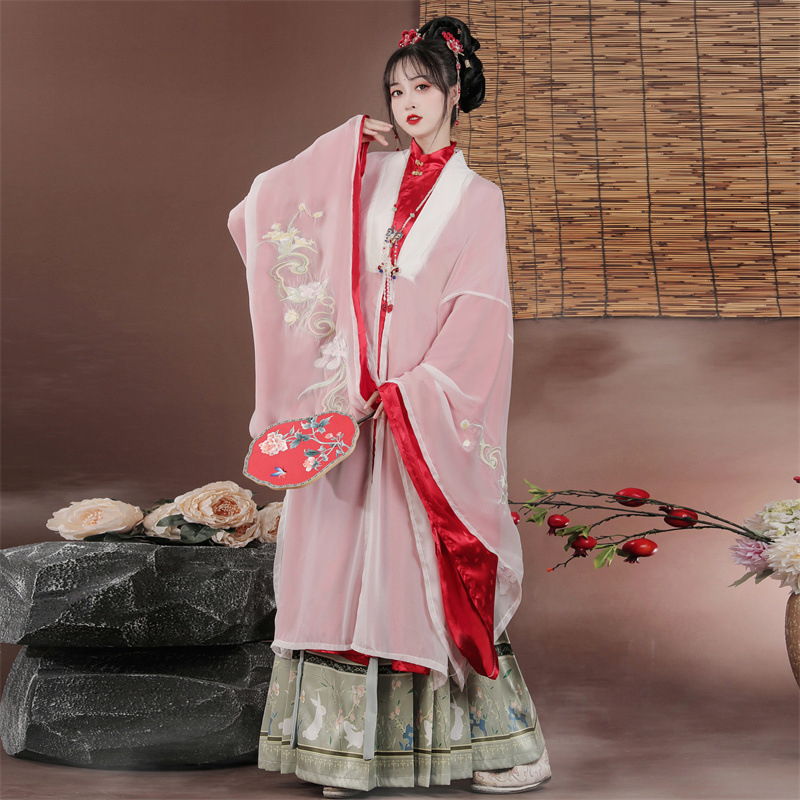 Ženski hanfu komad - Ming stil, haljina s kružnim izrezom i širokim rukavima, otisak, poliester s šifona podstavom, pogodno za sve sezone