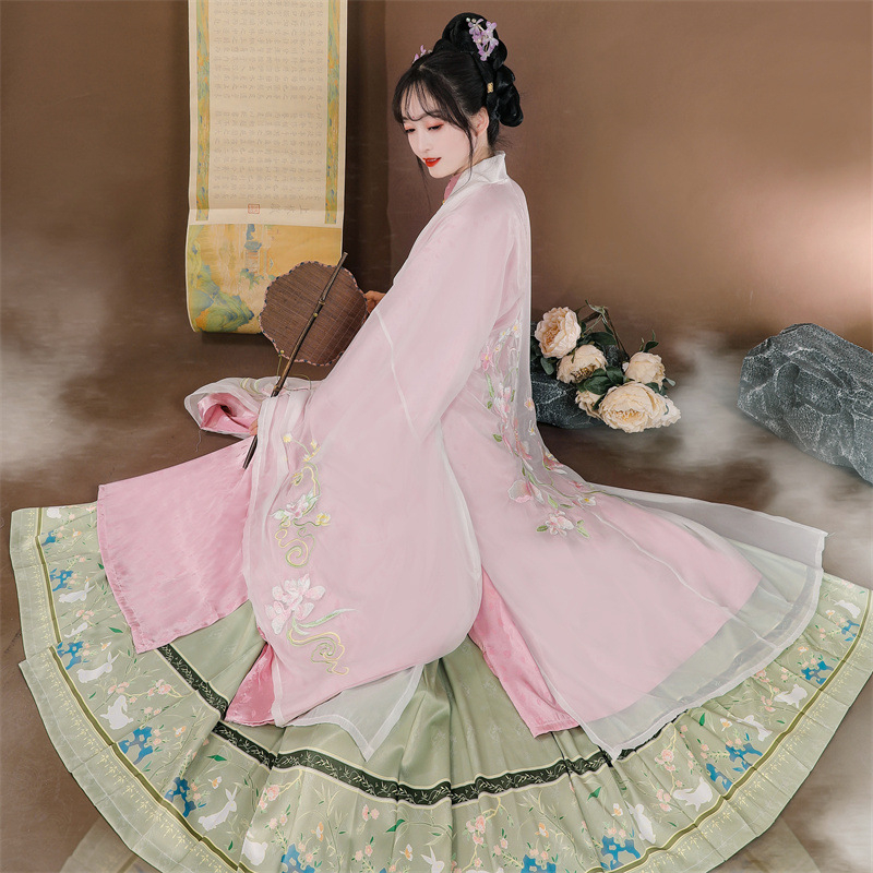Ženski hanfu komad - Ming stil, haljina s kružnim izrezom i širokim rukavima, otisak, poliester s šifona podstavom, pogodno za sve sezone