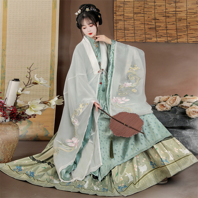 Ženski hanfu komad - Ming stil, haljina s kružnim izrezom i širokim rukavima, otisak, poliester s šifona podstavom, pogodno za sve sezone
