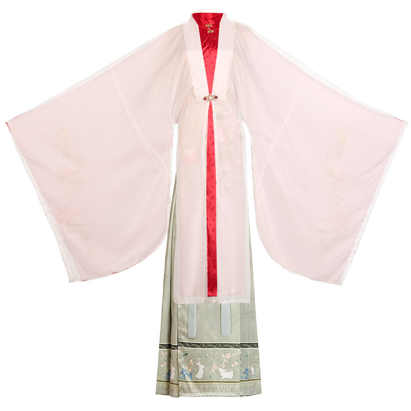 Ženski hanfu komad - Ming stil, haljina s kružnim izrezom i širokim rukavima, otisak, poliester s šifona podstavom, pogodno za sve sezone