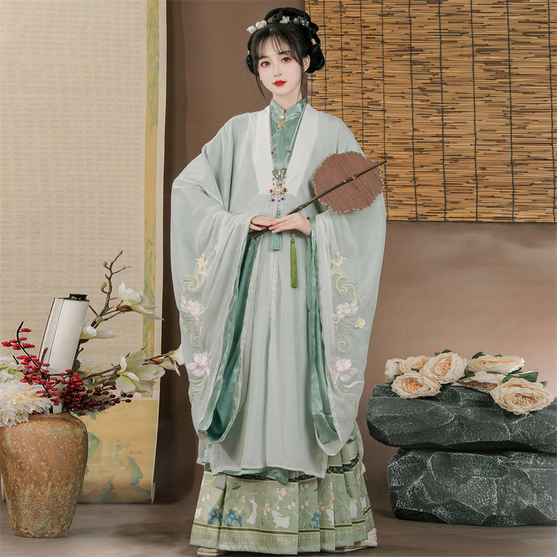 Ženski hanfu komad - Ming stil, haljina s kružnim izrezom i širokim rukavima, otisak, poliester s šifona podstavom, pogodno za sve sezone