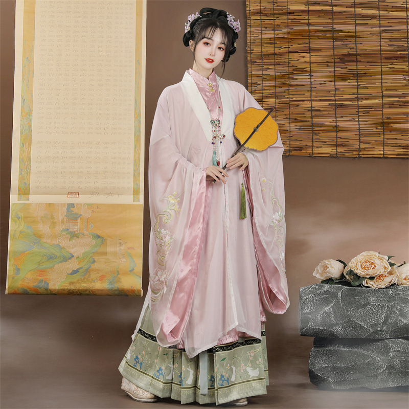 Ženski hanfu komad - Ming stil, haljina s kružnim izrezom i širokim rukavima, otisak, poliester s šifona podstavom, pogodno za sve sezone