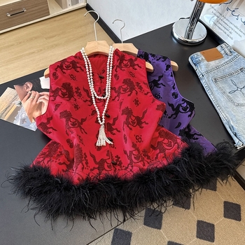 Ženska vesta od baršuna s perima struca u kineskom stilu, jacquard, širok kroj