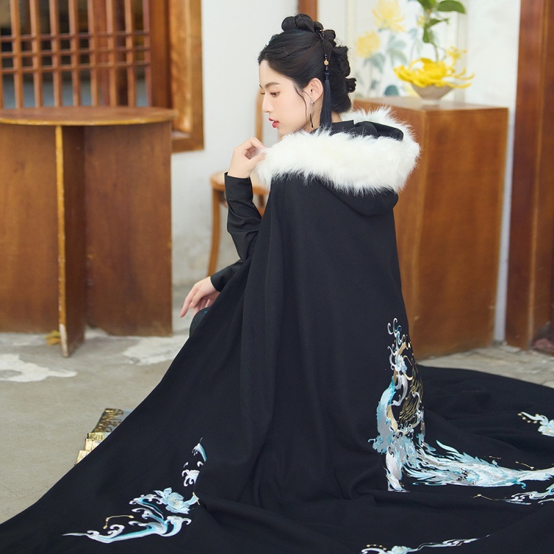 Kapucňový hanfu plášť, s fleecovou podšívkou, predĺžený strih, starobylý štýl, zimné vonkajšie oblečenie, polyesterová tkanina