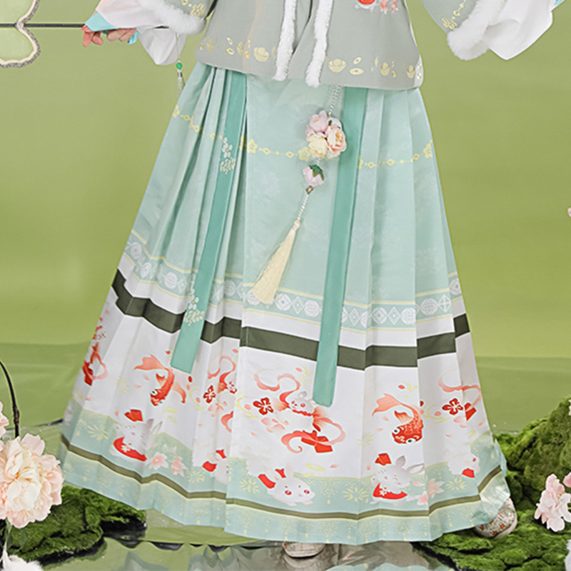 Hanfu súprava, Ming štý Guofeng s prekríženým golierom a historickou sukňou, fleece podšívka a zhustený dizajn, polyesterová tkanina, jesenná-zimná súprava, jar 2023 (Polyesterová vlákna; fleece podšívka; prekrížený golier; jeseň-zima; jar 2023)