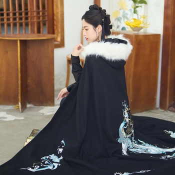 Hanfu kapucňový plášť s flísovou podšívkou, predĺžená dĺžka, zimný polyester
