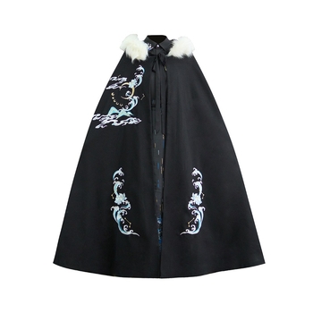 Hanfu kapucňový plášť s flísovou podšívkou, predĺžená dĺžka, zimný polyester