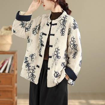 Μπουφάν καπιτονέ κινεζικού στυλ με κουμπιά, πολυεστέρας, παχιά επένδυση, φαρδιά γραμμή