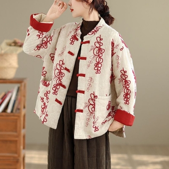 Μπουφάν καπιτονέ κινεζικού στυλ με κουμπιά, πολυεστέρας, παχιά επένδυση, φαρδιά γραμμή