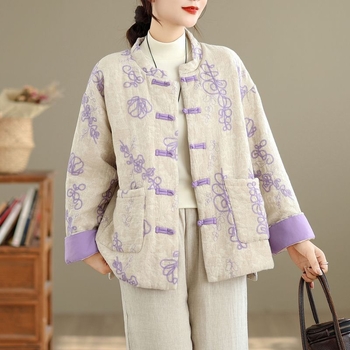 Μπουφάν καπιτονέ κινεζικού στυλ με κουμπιά, πολυεστέρας, παχιά επένδυση, φαρδιά γραμμή