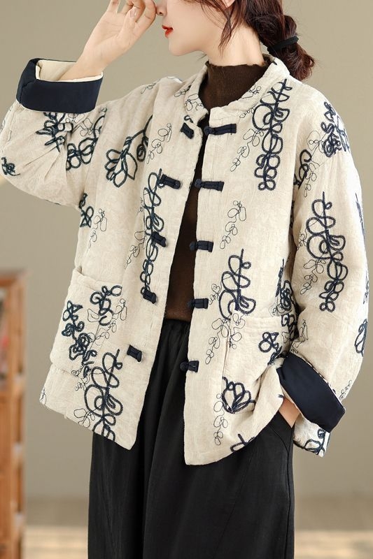 Μπουφάν καπιτονέ κινεζικού στυλ με κουμπιά, πολυεστέρας, παχιά επένδυση, φαρδιά γραμμή