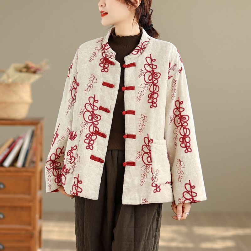 Μπουφάν καπιτονέ κινεζικού στυλ με κουμπιά, πολυεστέρας, παχιά επένδυση, φαρδιά γραμμή