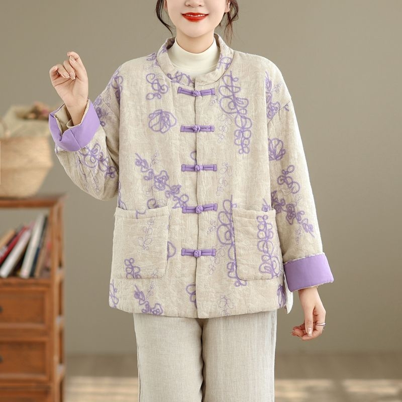 Μπουφάν καπιτονέ κινεζικού στυλ με κουμπιά, πολυεστέρας, παχιά επένδυση, φαρδιά γραμμή