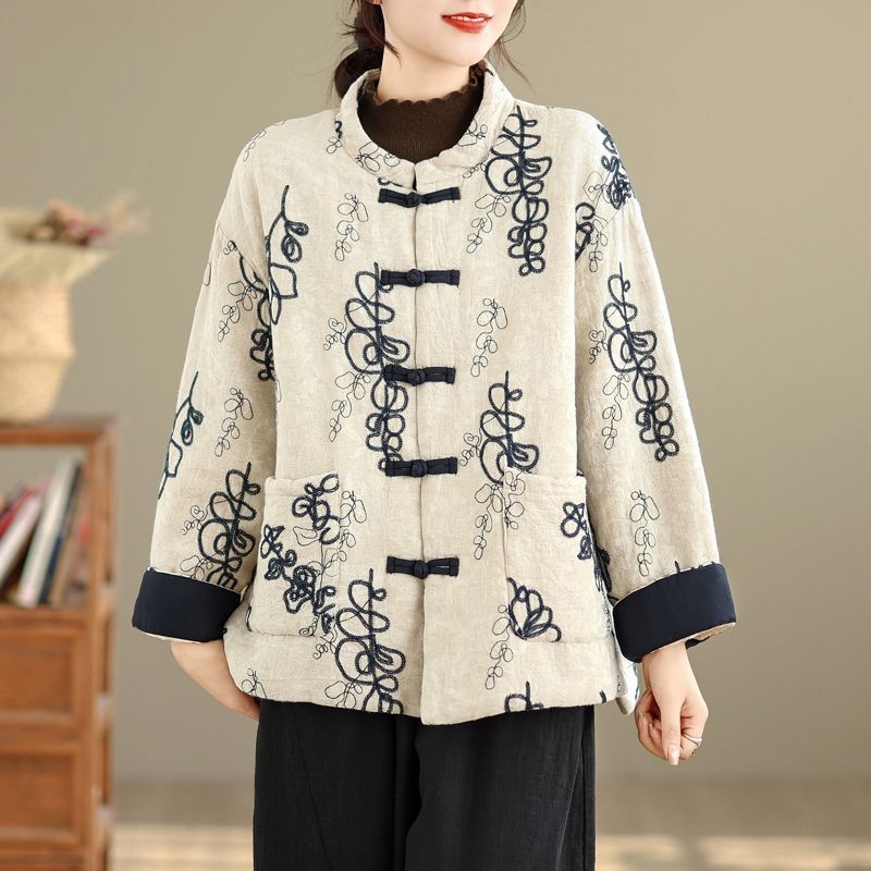 Μπουφάν καπιτονέ κινεζικού στυλ με κουμπιά, πολυεστέρας, παχιά επένδυση, φαρδιά γραμμή