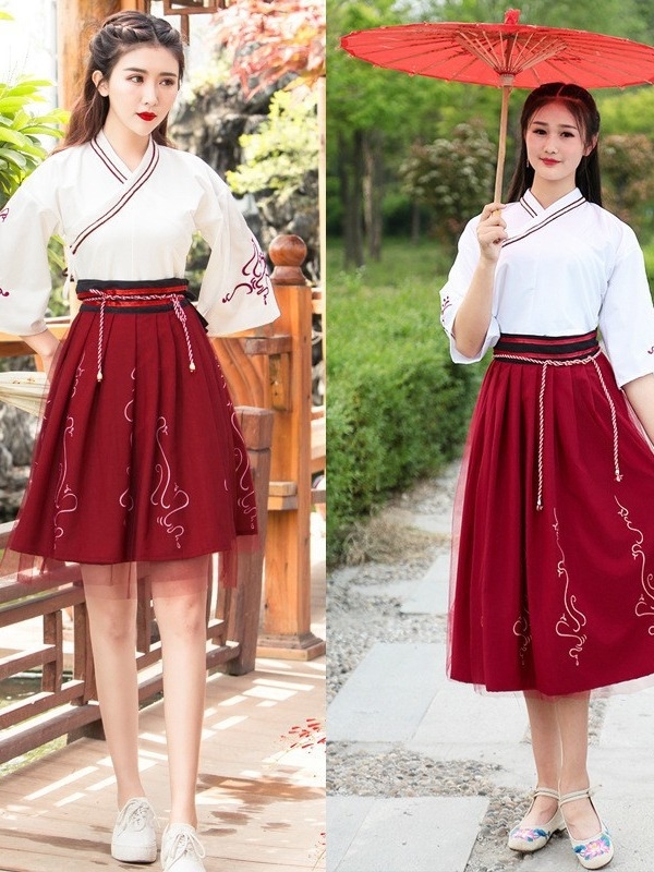 Hanfu za žene, kineskog stila starinski kostim, s izvezenom, tkanina od pamuka-miješavine, preklopni ovratnik, dužina do struka