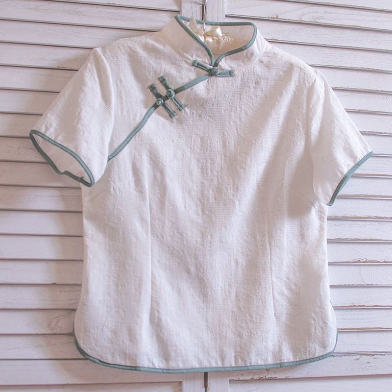 Ženski plus-size top s etničkim patchworkom od chenille i spandexa, stojeći ovratnik, kratki rukavi