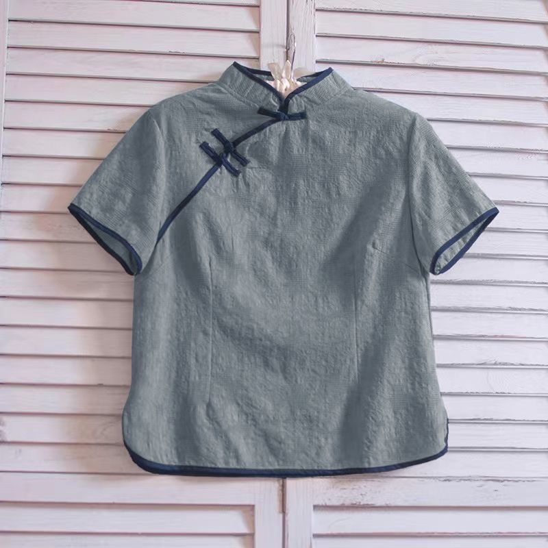 Ženski plus-size top s etničkim patchworkom od chenille i spandexa, stojeći ovratnik, kratki rukavi
