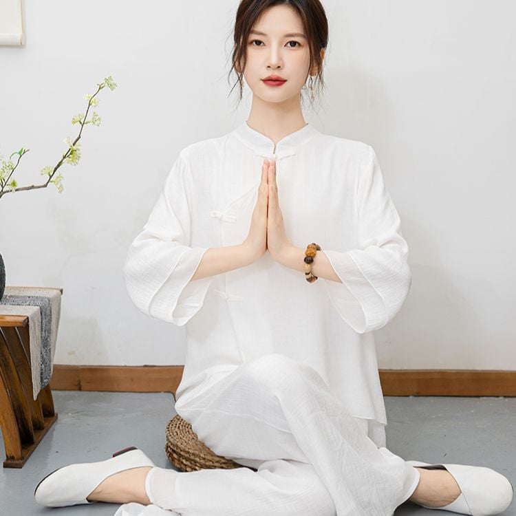 Bijeli ženski set za praksu u etničkom stilu — retro zen odijevanje za meditaciju, zen ples i čajna odjeća