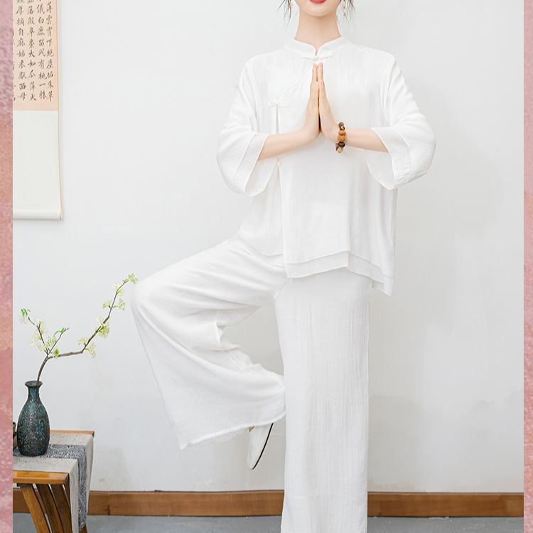 Bijeli ženski set za praksu u etničkom stilu — retro zen odijevanje za meditaciju, zen ples i čajna odjeća