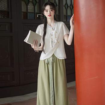 Комплект с бродирано сако в китайски стил и широки панталони, хански елементи, плат: памучна прежда; основна тъкан: памук; съдържание на памук 30–50%