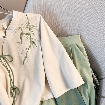 Hanfu set: top i suknja u novom kineskom stilu s Jade Bamboo uzorkom, nagnuti ovratnik i stojeći ovratnik, dugi rukavi, vezice — Marka: Other; Materijal: pamuk vlakna; Glavna tkanina: koža koze; Sezona: univerzalni model