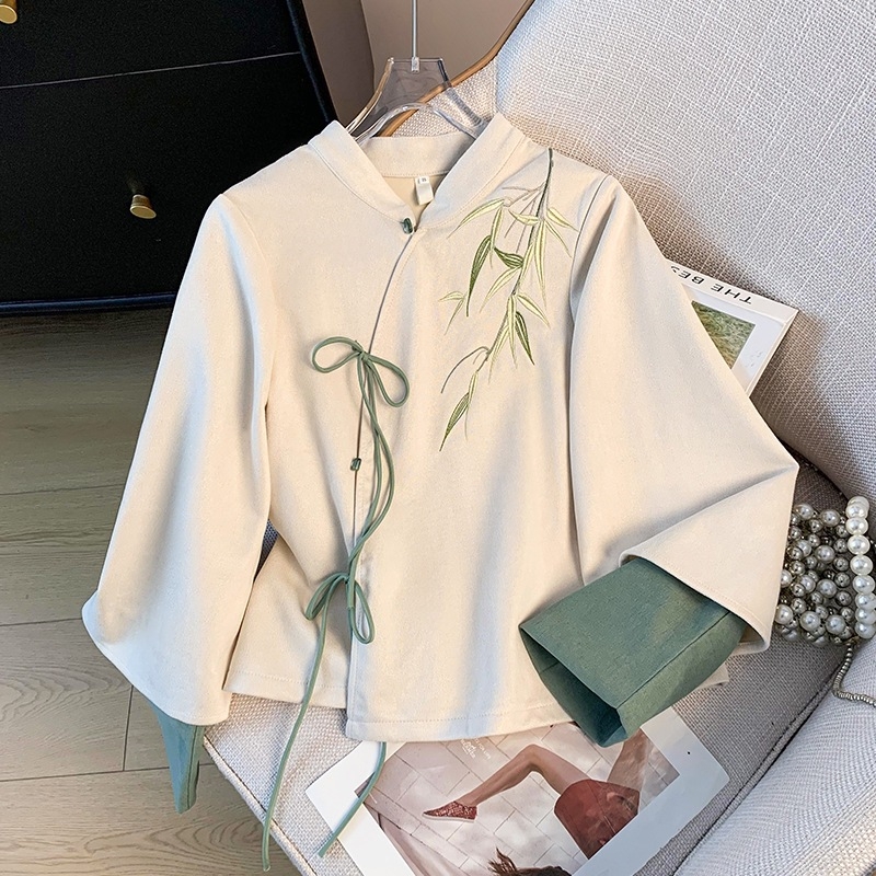Hanfu set: top i suknja u novom kineskom stilu s Jade Bamboo uzorkom, nagnuti ovratnik i stojeći ovratnik, dugi rukavi, vezice — Marka: Other; Materijal: pamuk vlakna; Glavna tkanina: koža koze; Sezona: univerzalni model