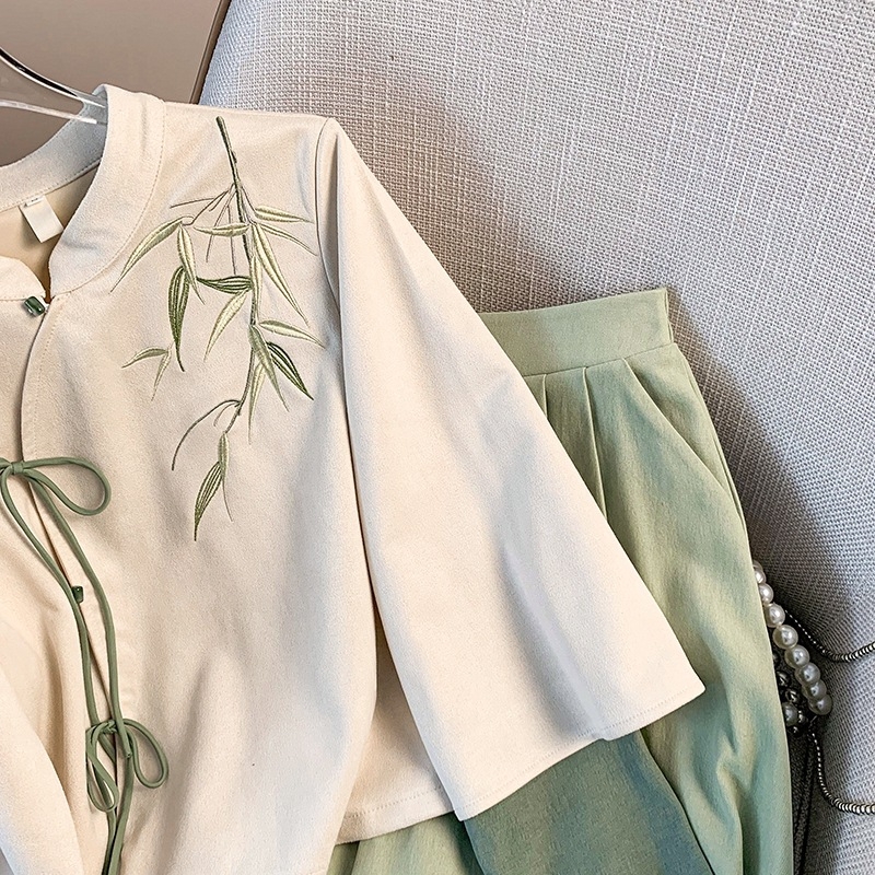 Hanfu set: top i suknja u novom kineskom stilu s Jade Bamboo uzorkom, nagnuti ovratnik i stojeći ovratnik, dugi rukavi, vezice — Marka: Other; Materijal: pamuk vlakna; Glavna tkanina: koža koze; Sezona: univerzalni model