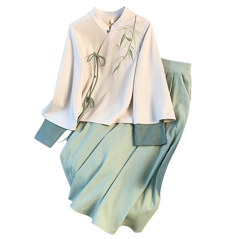 Hanfu set: top i suknja u novom kineskom stilu s Jade Bamboo uzorkom, nagnuti ovratnik i stojeći ovratnik, dugi rukavi, vezice — Marka: Other; Materijal: pamuk vlakna; Glavna tkanina: koža koze; Sezona: univerzalni model