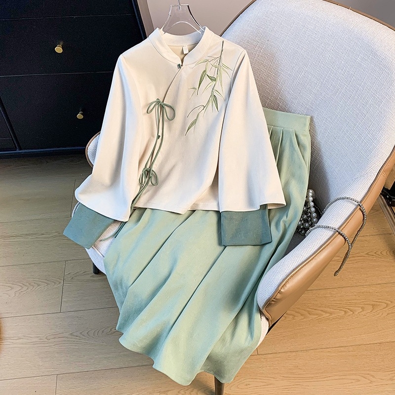 Hanfu set: top i suknja u novom kineskom stilu s Jade Bamboo uzorkom, nagnuti ovratnik i stojeći ovratnik, dugi rukavi, vezice — Marka: Other; Materijal: pamuk vlakna; Glavna tkanina: koža koze; Sezona: univerzalni model