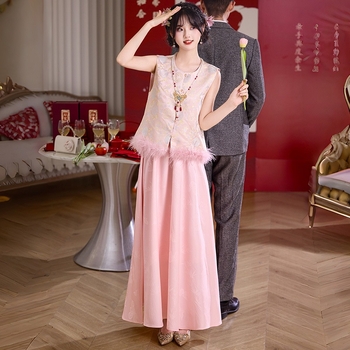 Dvodijelni svadbeni set: jacquard prsluk s perjem ptičjeg struka i jacquard suknja, okrugli izrez, pamuk-poliester