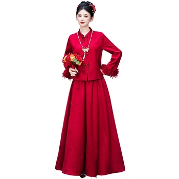 Novi kineski stil svadbeni komplet sa stojećim ovratnikom i kopčama, teškim žakardom i resicama na rukavima
