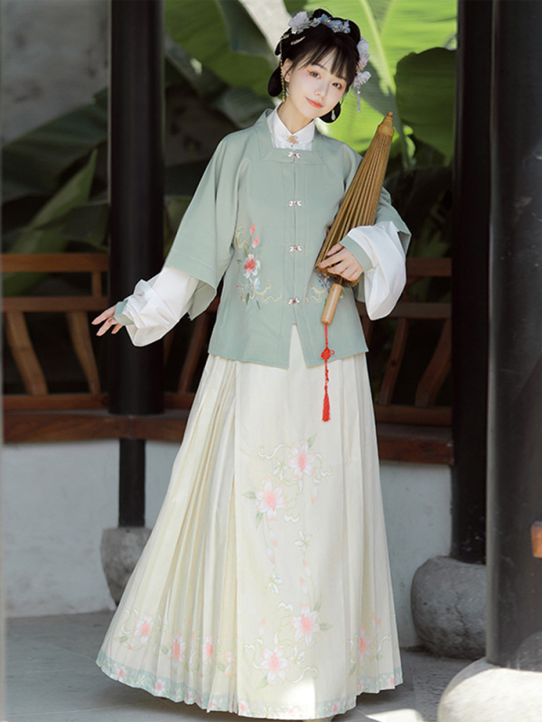 Ženska Hanfu haljina, kineskog stila, kostim iz drevnog doba, kvadratni izrez, kratki rukavi, tradicijski plisirani suknja; materijal: smjesa kemijskih vlakana; digitalni tisak; pogodna za Hanfu događaje, sve sezone.