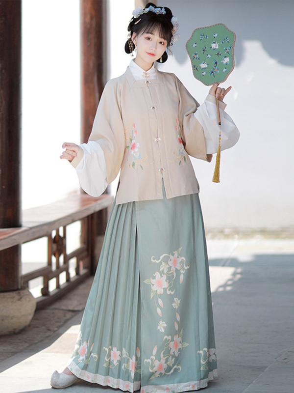 Ženska Hanfu haljina, kineskog stila, kostim iz drevnog doba, kvadratni izrez, kratki rukavi, tradicijski plisirani suknja; materijal: smjesa kemijskih vlakana; digitalni tisak; pogodna za Hanfu događaje, sve sezone.