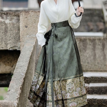 Hanfu haljina za jesen-zimu, kineskog stila Ming inspiriran, ženski maxi set s otiskom, poliester tkanina; glavni dio 70–80% poliester; sekundarni <30%; tisak; sezona: jesen 2023.