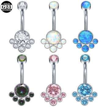 Δαχτυλίδι ομφαλού από G23 τιτάνιο, κρύσταλλα ζιρκόν και όπαλ, διαμαντένια επεξεργασία, καμπύλη ράβδος, εσωτερικός νήμα