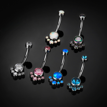 Δαχτυλίδι ομφαλού από G23 τιτάνιο, κρύσταλλα ζιρκόν και όπαλ, διαμαντένια επεξεργασία, καμπύλη ράβδος, εσωτερικός νήμα