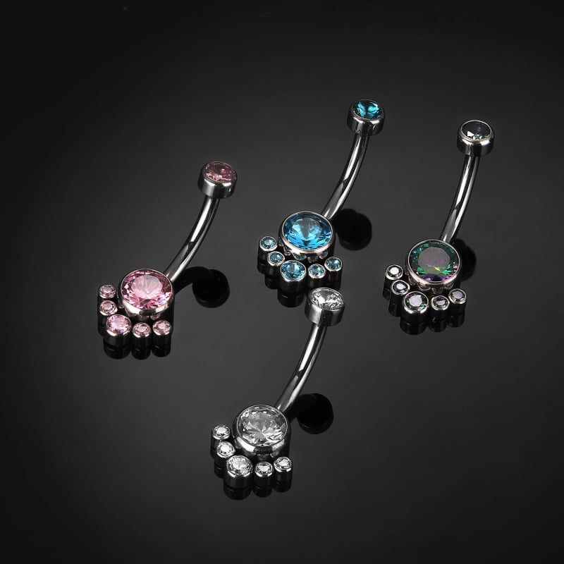 Δαχτυλίδι ομφαλού από G23 τιτάνιο, κρύσταλλα ζιρκόν και όπαλ, διαμαντένια επεξεργασία, καμπύλη ράβδος, εσωτερικός νήμα