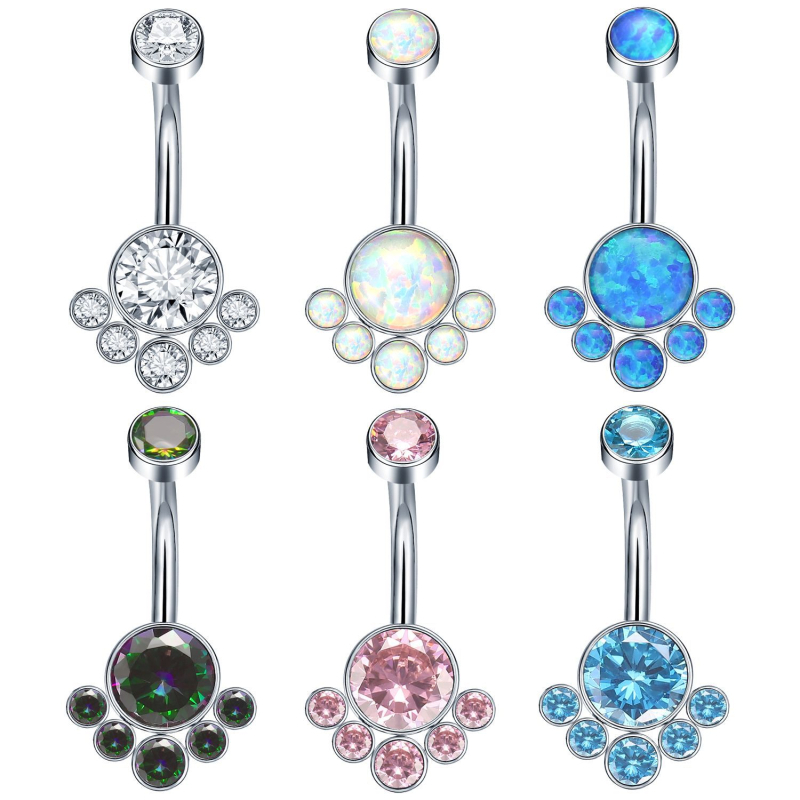 Δαχτυλίδι ομφαλού από G23 τιτάνιο, κρύσταλλα ζιρκόν και όπαλ, διαμαντένια επεξεργασία, καμπύλη ράβδος, εσωτερικός νήμα