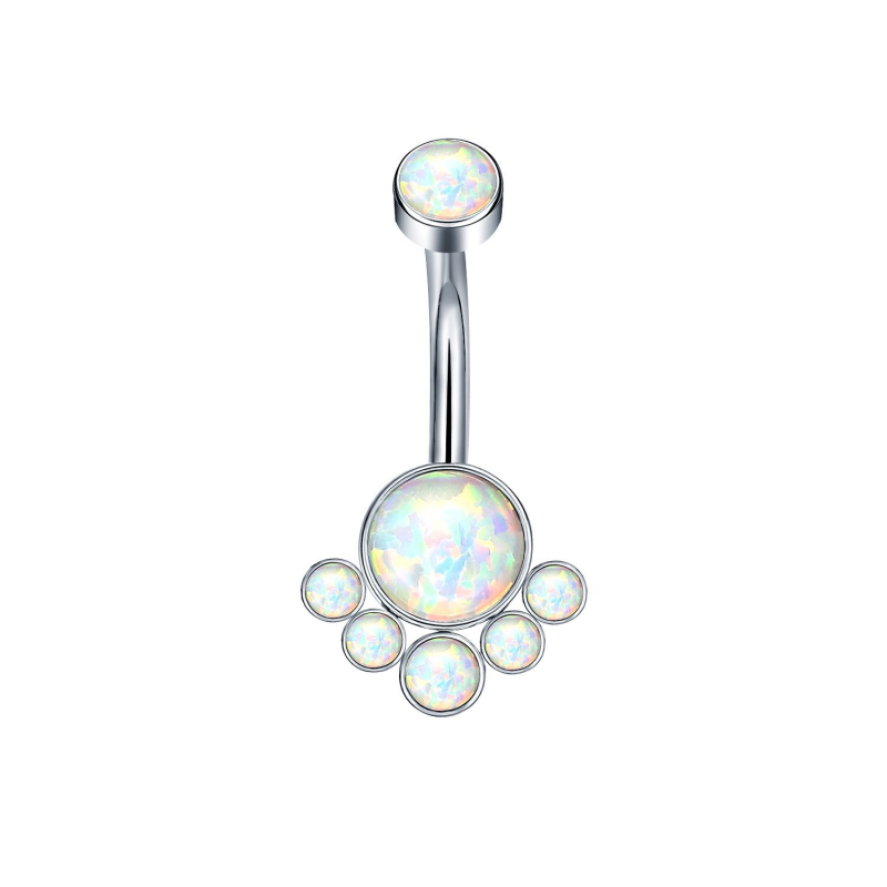 Δαχτυλίδι ομφαλού από G23 τιτάνιο, κρύσταλλα ζιρκόν και όπαλ, διαμαντένια επεξεργασία, καμπύλη ράβδος, εσωτερικός νήμα